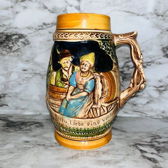 Vintage | German Style Beer Ceramic Pitcher | Tan | 8" Tall - Picture 1 of 6